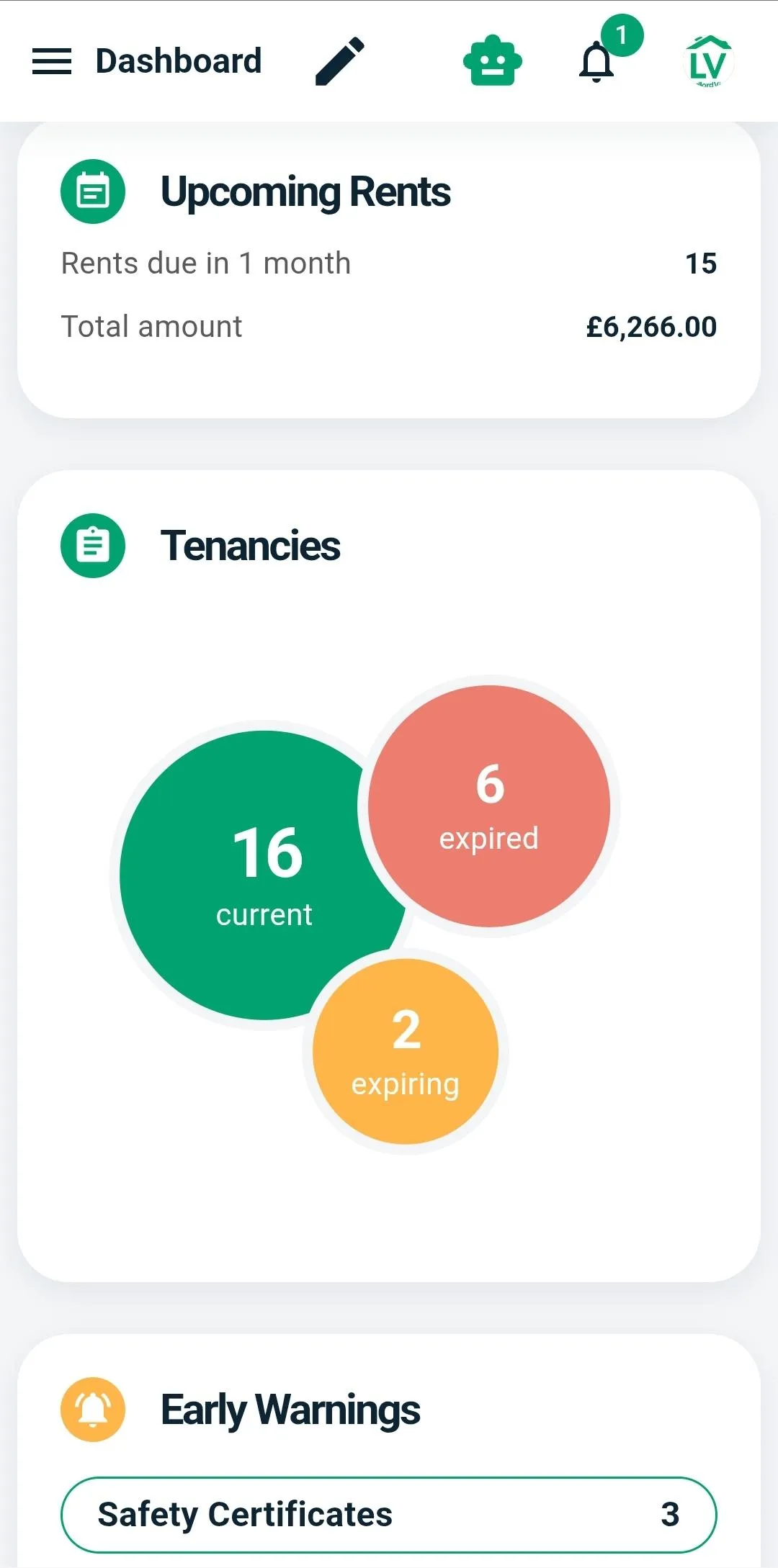 Landlord Vision mobile app dashboard showing upcoming rents, tenancies and early warnings