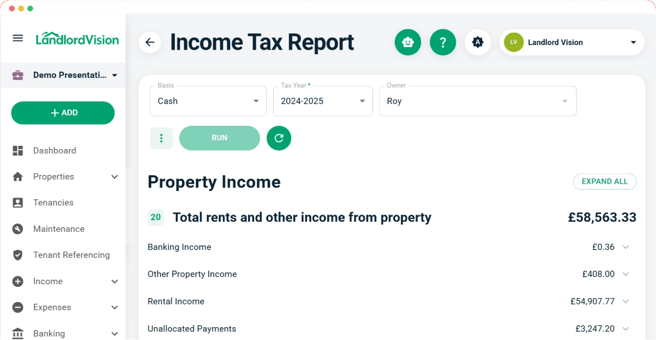 Landlord Vision screenshots showing the income tax report and a list of properties with property photos.