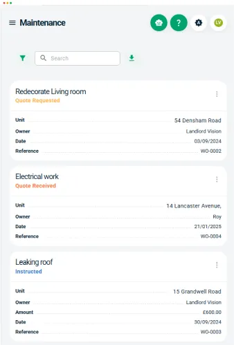 Screenshot of Landlord Vision landlord software. Showing profit and loss statement page and a summary of tenancies by room.