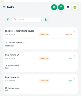 Landlord Vision screenshot showing safety certificates and screenshot summarising the tenancies and rooms for a property.
