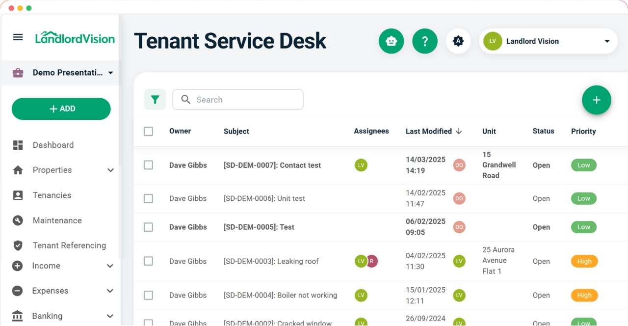 Landlord Vision screenshot summarising the tenancies and rooms for a property and screenshot showing safety certificates.
