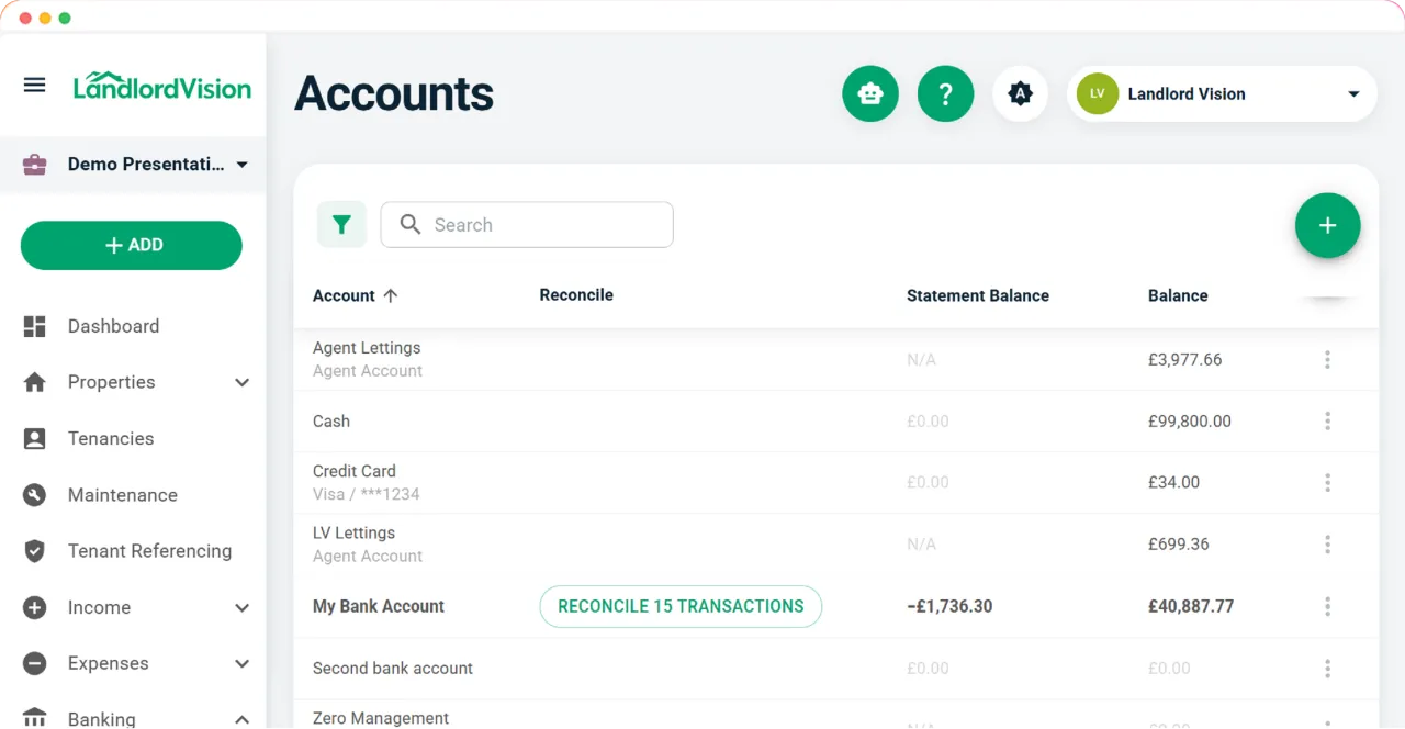 Software screenshot of list of saved contacts in Landlord Vision and screenshot of the invoices summary page.