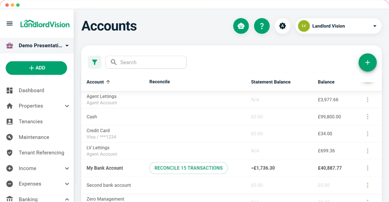 Software screenshot of list of saved contacts in Landlord Vision and screenshot of the invoices summary page.