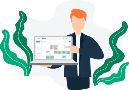 An illustrated image of a man holding a laptop which displays Landlord Vision software, the man is showing the laptop to the viewer