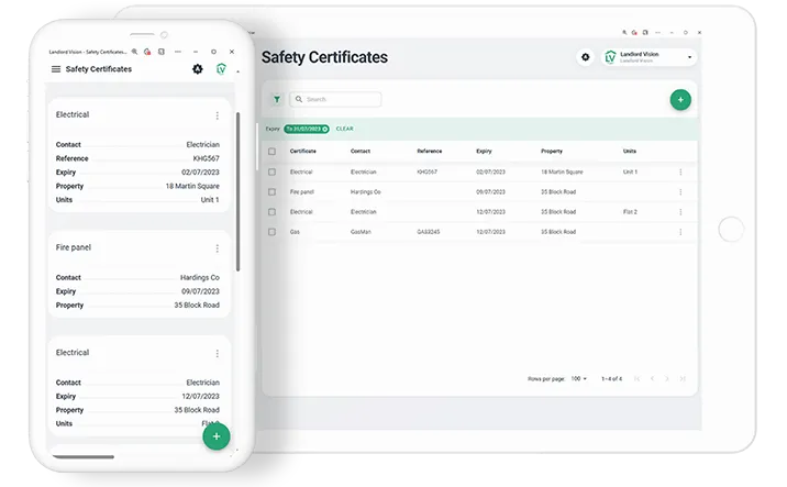 Screenshot showing safety certificates page in Landlord Vision. Safety certificates that expire soon can be found here.