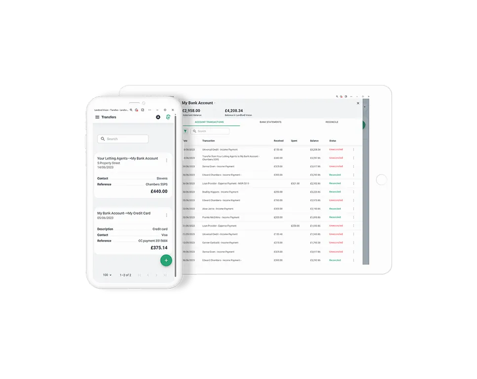 Screenshot of the Landlord Vision page where you can find reconciled and unreconciled transactions and transfers.